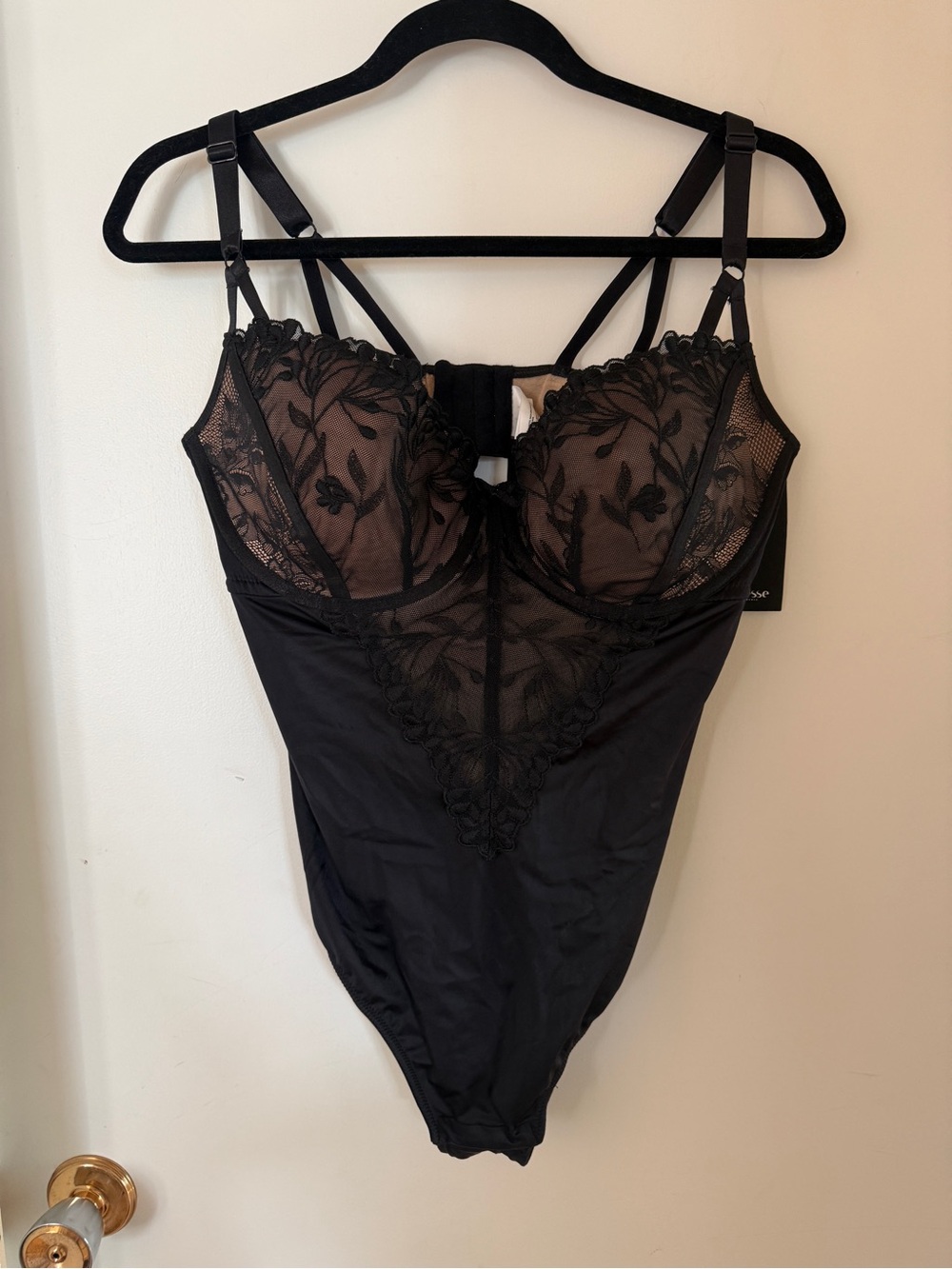 DΓ©esse Lingerie Black Nude Lace Strappy Underwire Bodysuit X NWT
